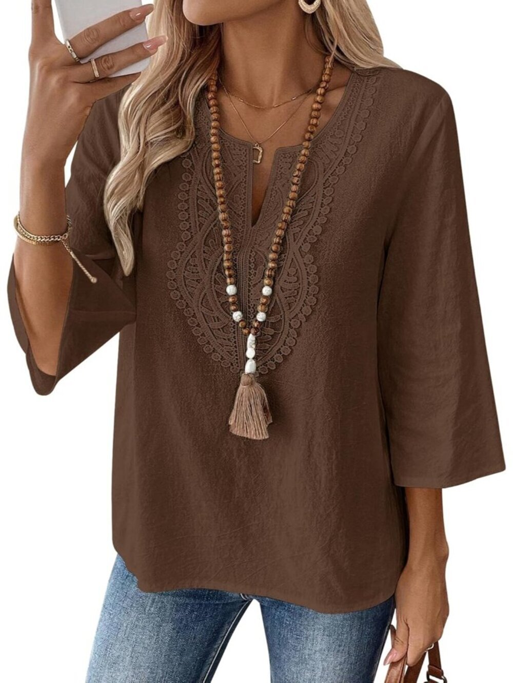 Women's Coffee Brown V Neck Lace Loose Fit Blouses Sleeve Top Cotton Linen Shirt